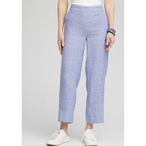 NWT Chicos Blue 100% Linen Embroidered Crop Pant Pull On Straight Leg 3.5 US 18